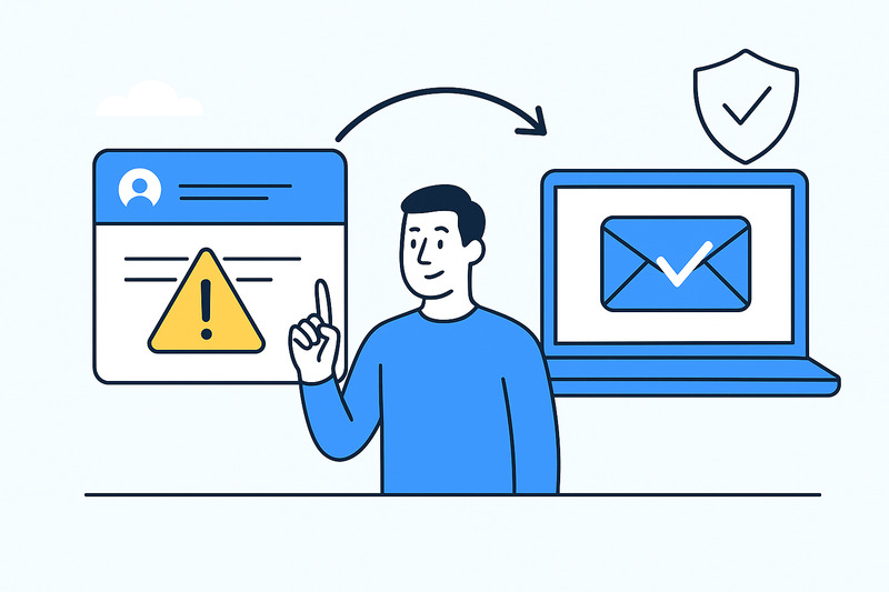Illustration of a person pointing at a warning sign next to a laptop with an email icon, highlighting the importance of using spam filters or email filtering for improved online security and email safety awareness.