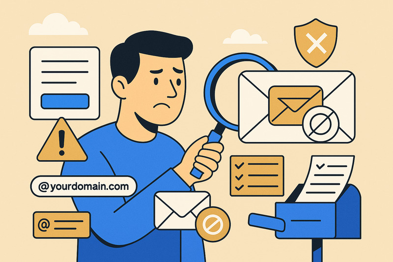 A person holds a magnifying glass, examining emails with warning symbols, checklists, and an address label, highlighting concerns about email security and the effectiveness of the Apple Mail spam filter.