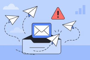 Illustration of an open mailbox with paper planes flying around, an envelope icon, an alert symbol, and a bar chart in the background, highlighting email problems like not receiving emails in Apple Mail.