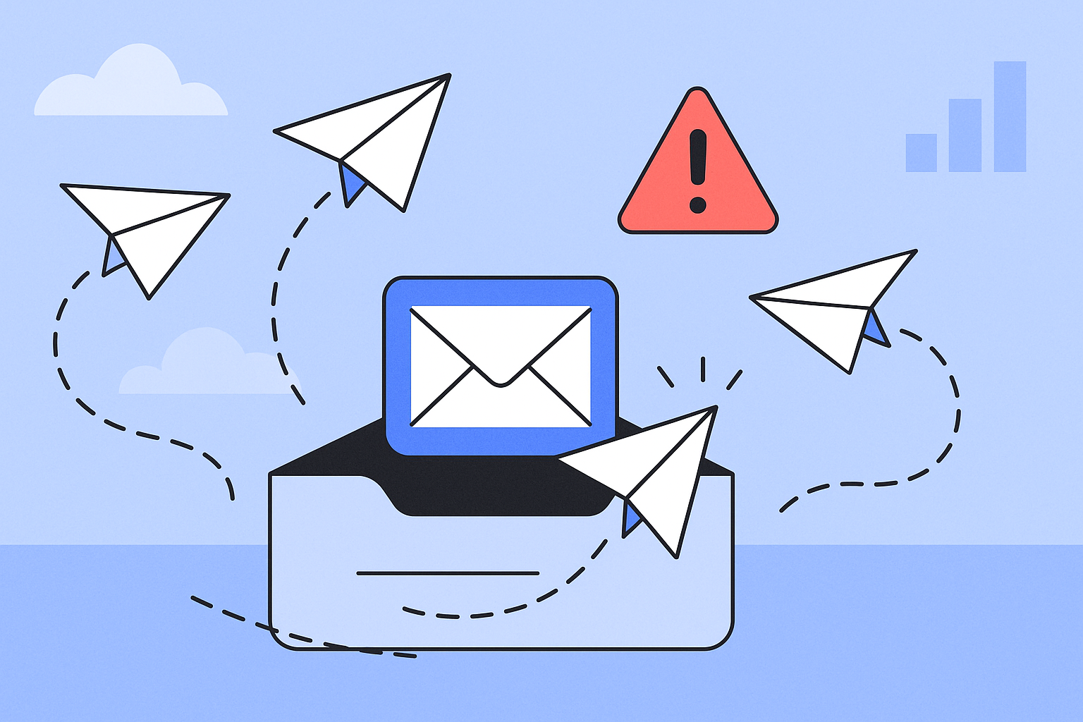 Illustration of an open mailbox with paper planes flying around, an envelope icon, an alert symbol, and a bar chart in the background, highlighting email problems like not receiving emails in Apple Mail.