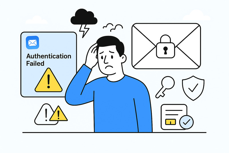 Illustration of a worried person surrounded by security icons, with a message reading "Authentication Failed Apple Mail" and warning symbols indicating a login or access issue.
