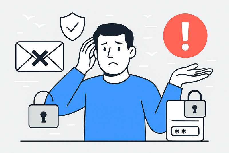 Ilustração de uma pessoa confusa cercada por símbolos de segurança cibernética, destacando um erro do Apple Mail com cadeados, um ponto de exclamação, um e-mail com um X e um escudo com uma marca de verificação.