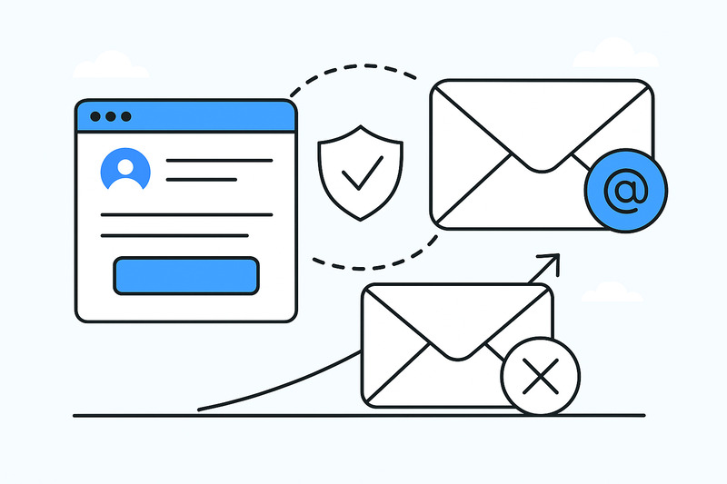 Ilustração de segurança de e-mail mostrando envelopes, um escudo, um formulário de login de site, o símbolo de e-mail e um envelope com um X para representar problemas como Falha na autenticação no Apple Mail.