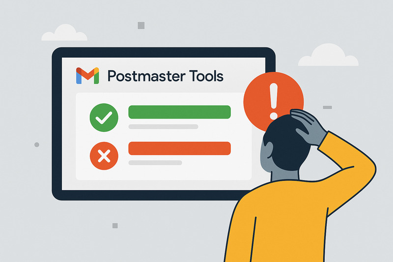 Illustration of a person looking at a screen displaying "Google Postmaster Tools" with check and cross marks, plus an exclamation point alert symbol, highlighting an Update September 2025 notification.