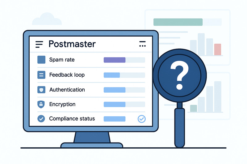 A computer screen displays the Google Postmaster Tools dashboard with metrics for spam rate, feedback loop, authentication, encryption, and compliance status. An Update September 2025 notice appears next to a magnifying glass with a question mark.