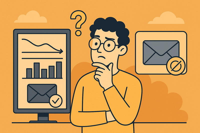 Illustration of a person thinking with a question mark above their head, next to a computer with charts and an envelope, and a no-email symbol in the background, referencing the Google Postmaster Tools update coming in September 2025.