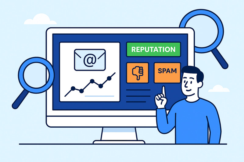 Illustration of a man pointing at a computer screen displaying email analytics, reputation, and spam indicators, with magnifying glasses in the background—highlighting insights from the latest Google Postmaster Tools update in September 2025.