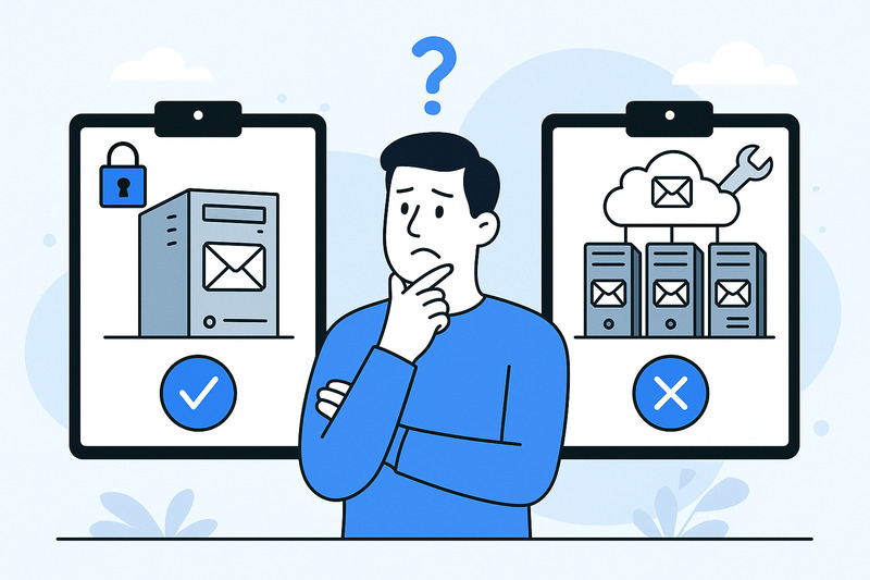 Illustration of a person choosing between local server email hosting with a check mark for Email Server Control and cloud email hosting with a cross mark, shown on two clipboards.
