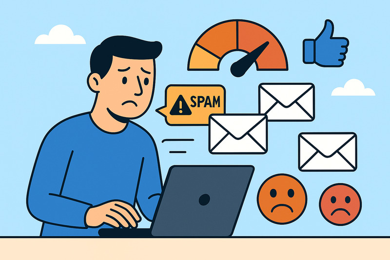 Illustration of a man using a laptop, surrounded by spam alerts, envelopes, sad faces, a gauge, and a thumbs-up symbol—highlighting Email Deliverability Rate issues and the challenges of achieving Inbox Success.