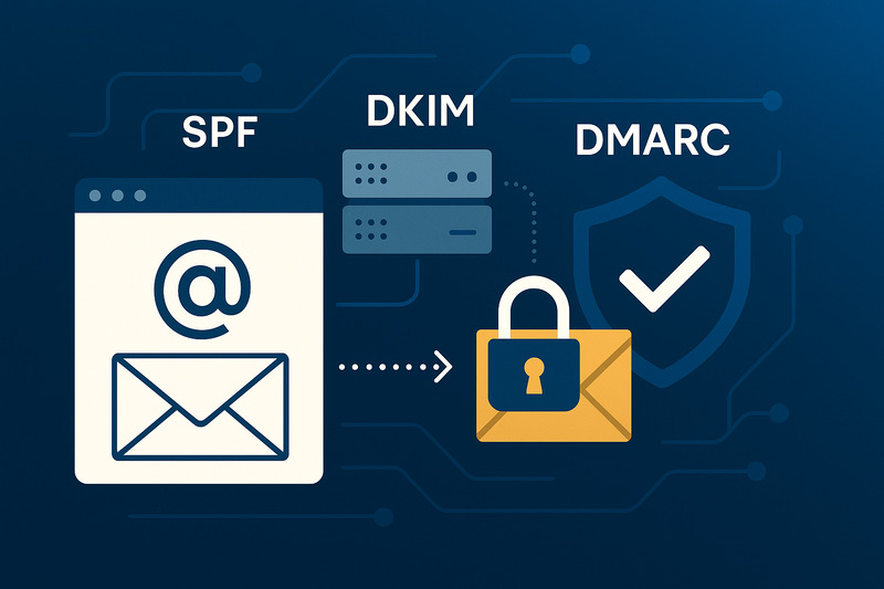 Diagram illustrating email security with SPF, DKIM, and DMARC, showing an email, servers, and a padlock to highlight Inbox Success and strong protections against phishing and spam.