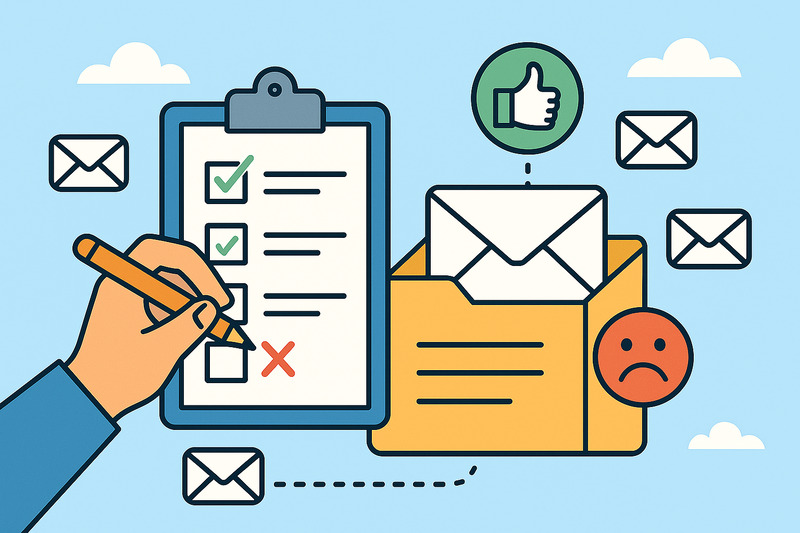 Illustration of a checklist on a clipboard, a hand marking boxes, an envelope in a folder, mail icons, a thumbs-up symbol, and a sad face—representing feedback or evaluation for Email Deliverability Rate or Inbox Success.