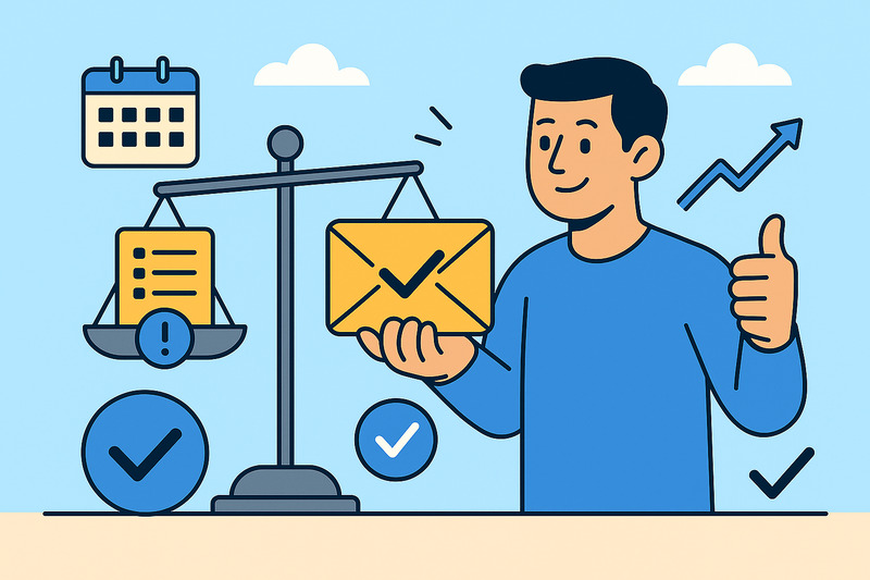 A person stands by a scale balancing a checklist and an envelope, giving a thumbs up, with icons of a calendar, checkmarks, and an upward arrow—symbolizing inbox success and improved email deliverability rate.