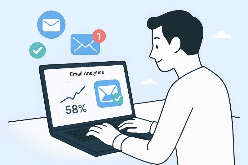 Illustration of a person using a laptop displaying email analytics with a 58% statistic, surrounded by email and notification icons, highlighting the impact of email tracking on read receipt and email privacy.