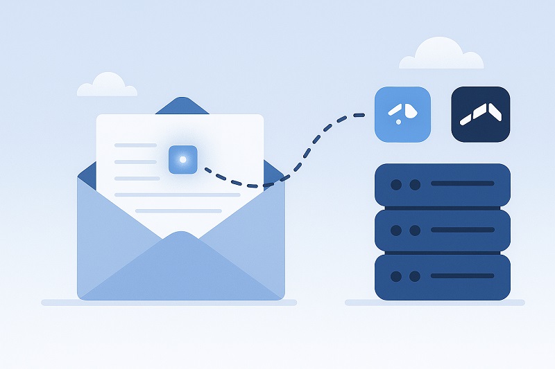 Ilustração de um envelope aberto com uma carta, um caminho que leva a pilhas de servidores e dois ícones de aplicativos, sugerindo rastreamento de e-mail ou comunicação digital e destacando as preocupações com a privacidade do e-mail.