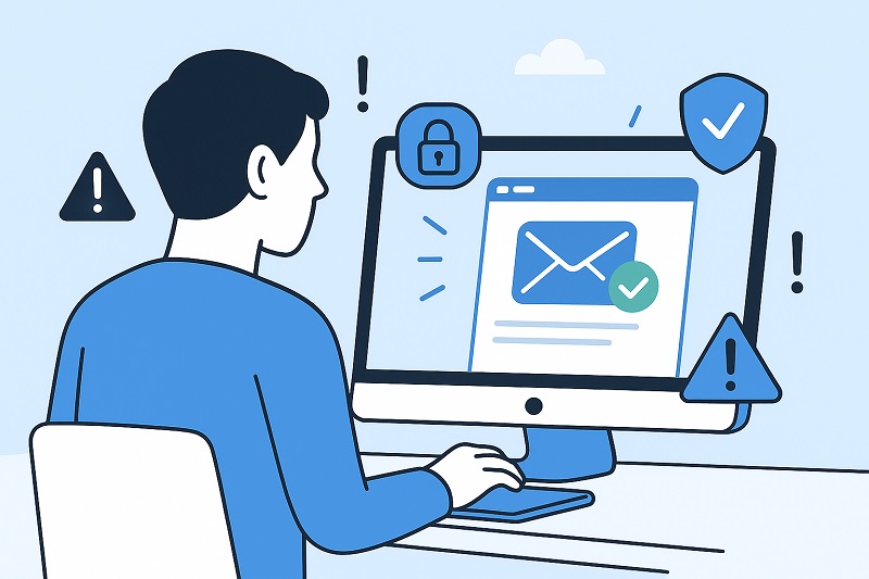 Ilustração de uma pessoa em uma mesa usando um computador que exibe um ícone de e-mail, cercado por símbolos de segurança e sinais de aviso, destacando preocupações com a privacidade, como e-mail de recibo de leitura e riscos de rastreamento de e-mail.