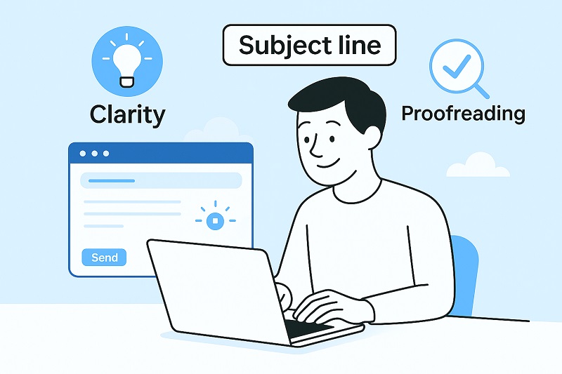 Ilustração de uma pessoa digitando em um laptop, com ícones e texto destacando