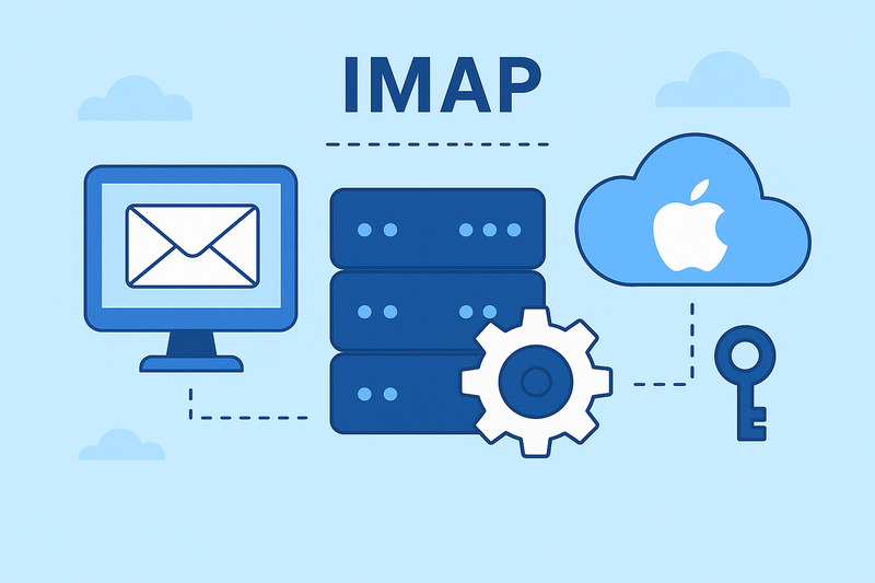 Illustration showing an email on a computer, a server, a gear, a cloud with the Apple logo, and a key, labeled "IMAP," representing Apple’s Email System and iCloud IMAP Settings for email synchronization technology.