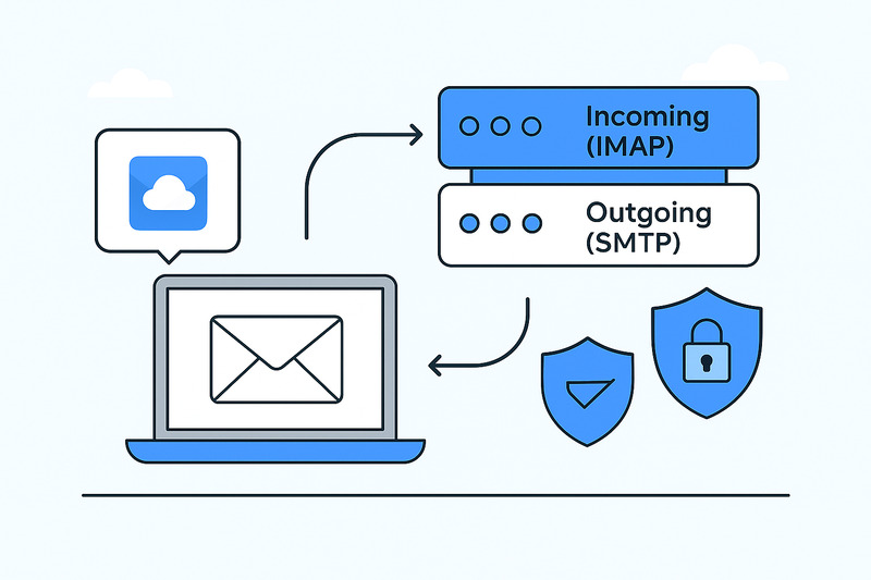 Diagram showing a laptop with an email icon, arrows pointing to Incoming (IMAP) and Outgoing (SMTP) servers, and two security shield icons, illustrating secure email communication using Apple email system and iCloud IMAP settings.