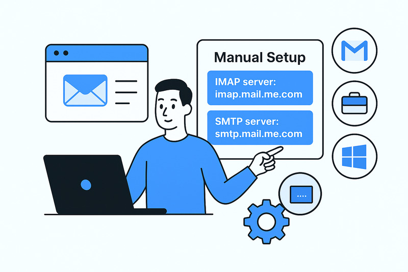 Illustration of a person at a laptop showing email manual setup instructions with iCloud IMAP settings, SMTP server addresses, and various Apple email-related icons.