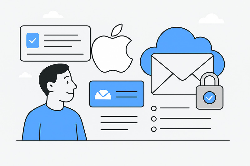 Illustration of a person with the Apple logo, cloud, envelope, lock, and checkmark icons, highlighting Apple email security and cloud services such as iCloud IMAP settings.