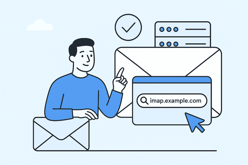 Illustration of a person pointing to a browser window displaying "imap.example.com," representing an incoming mail server host name, with large envelopes and a server icon in the background.