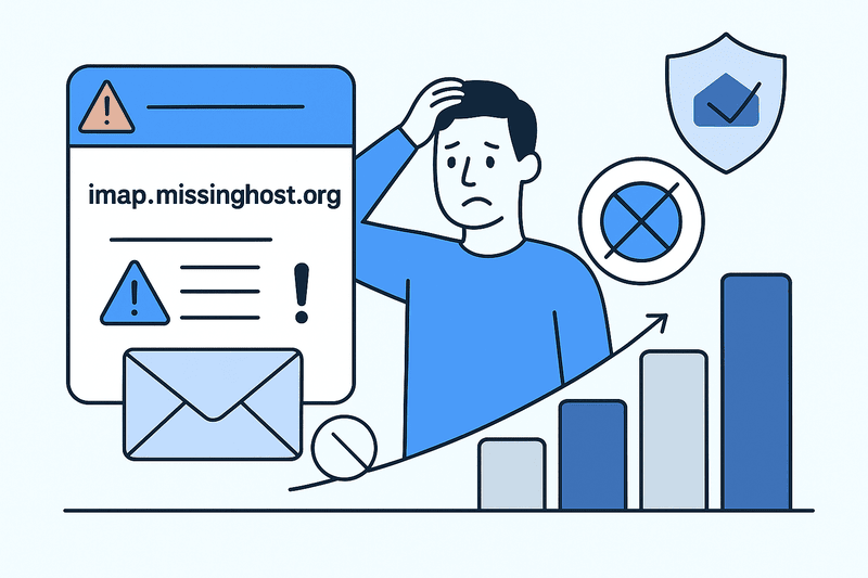 Ilustración de una persona confusa ante un mensaje de advertencia sobre el nombre de host del servidor de correo entrante