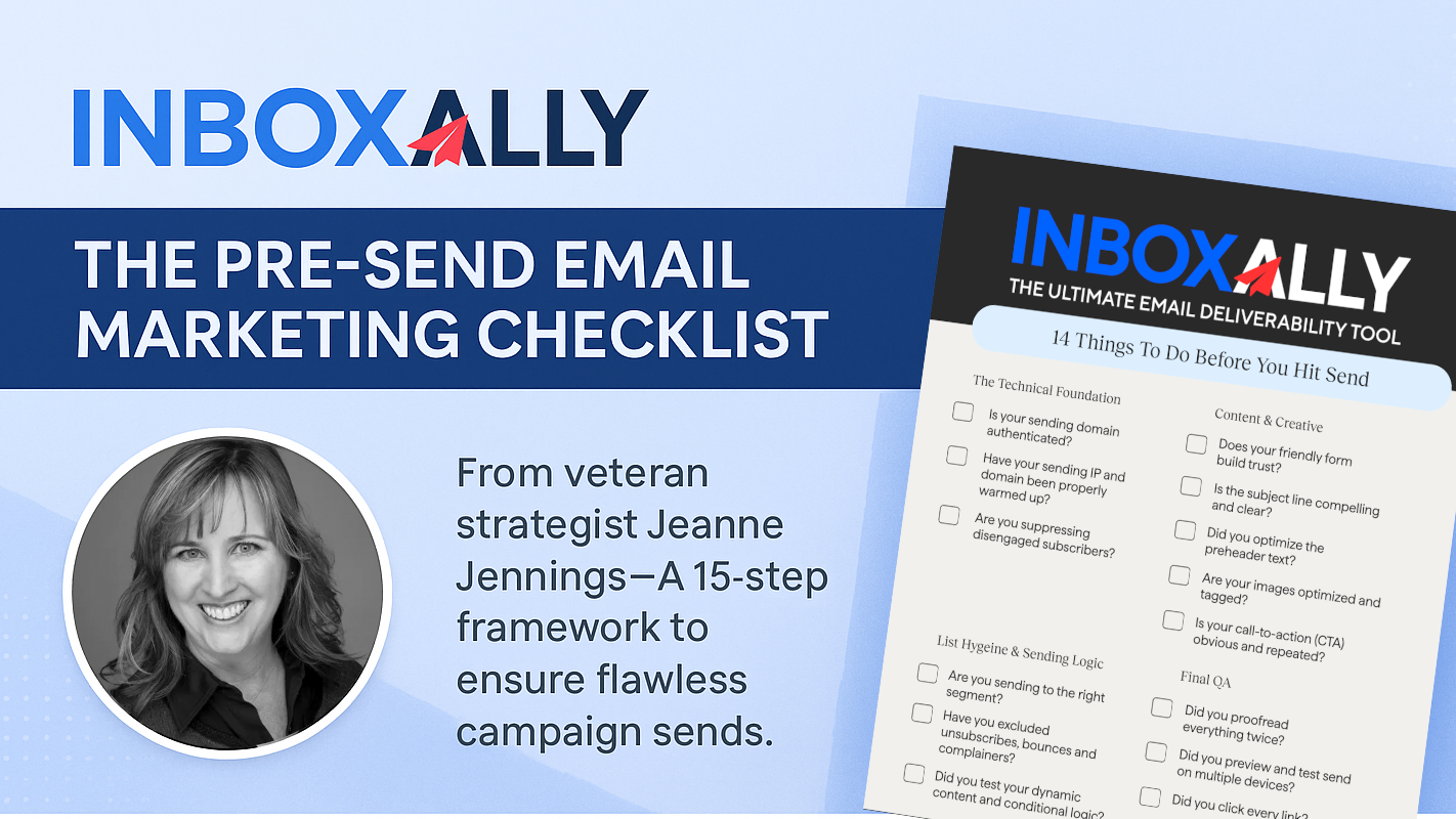 A promotional graphic for InboxAlly highlights the Pre-Send Email Marketing Checklist, featuring a photo of Jeanne Jennings and a sample checklist document packed with campaign tips.