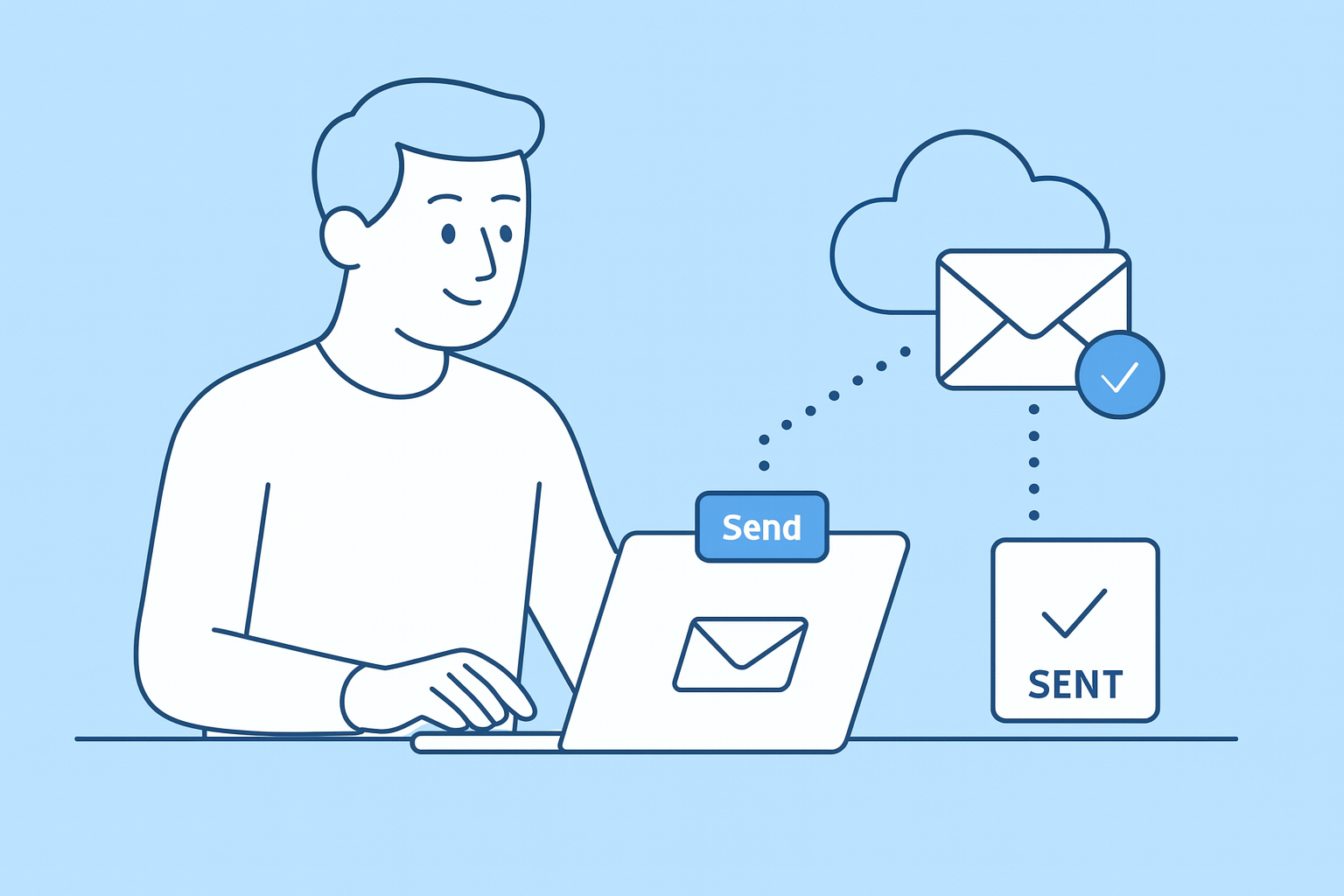 Illustration of a person using a laptop to send an email, with icons showing the email moving from the outbox to the cloud and marked as sent.