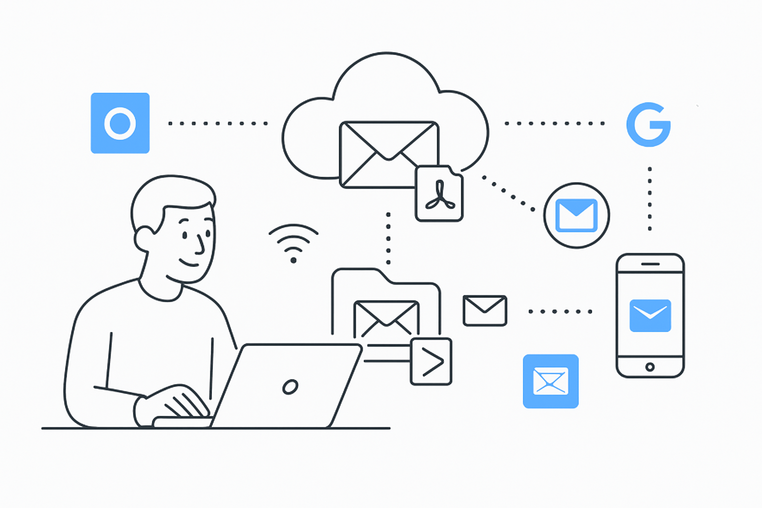 Illustration of a person using a laptop, connected to various email and cloud storage icons, highlighting digital communication, file sharing, and essential email terminology like the Outbox.