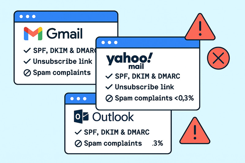 Diagram showing Gmail, Yahoo Mail, and Outlook email requirements: SPF, DKIM, DMARC, unsubscribe link, and low spam complaints percentages with warning icons—highlighting November Updates for improved Email Deliverability.