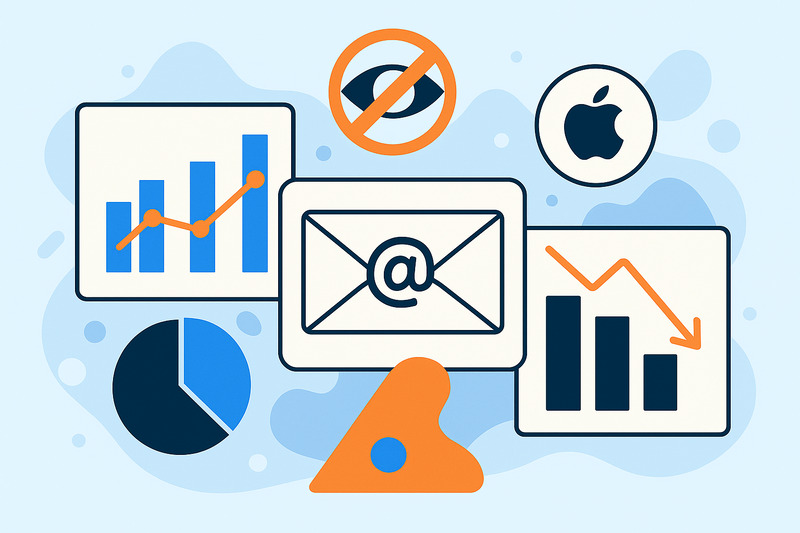 Illustration of graphs, a pie chart, an email icon symbolizing Email Deliverability, the Apple logo, and a crossed-out eye symbol on a blue background. Perfect for News 2025 or November updates.