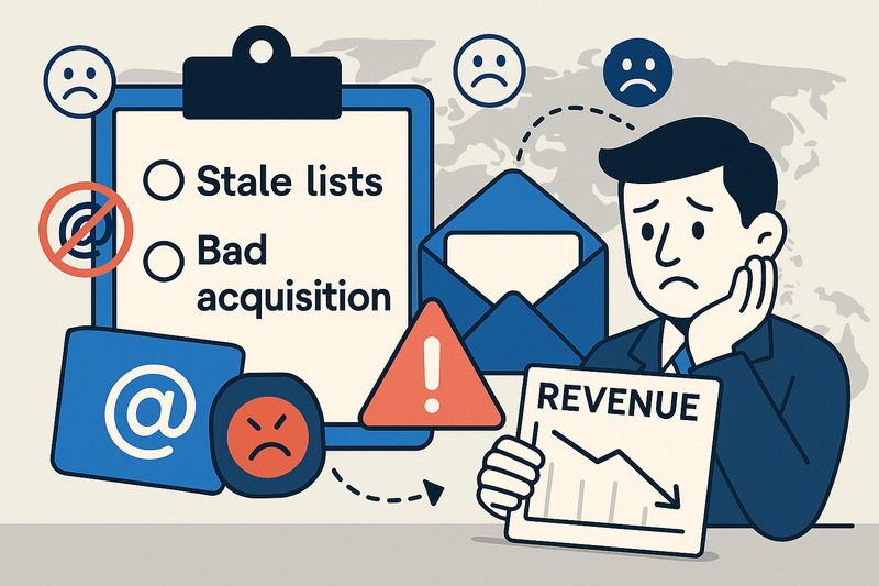 Illustration of a worried person holding a declining revenue chart, surrounded by symbols for Email Deliverability issues, stale lists, bad acquisition, and negative icons—highlighting November challenges in maintaining successful campaigns.