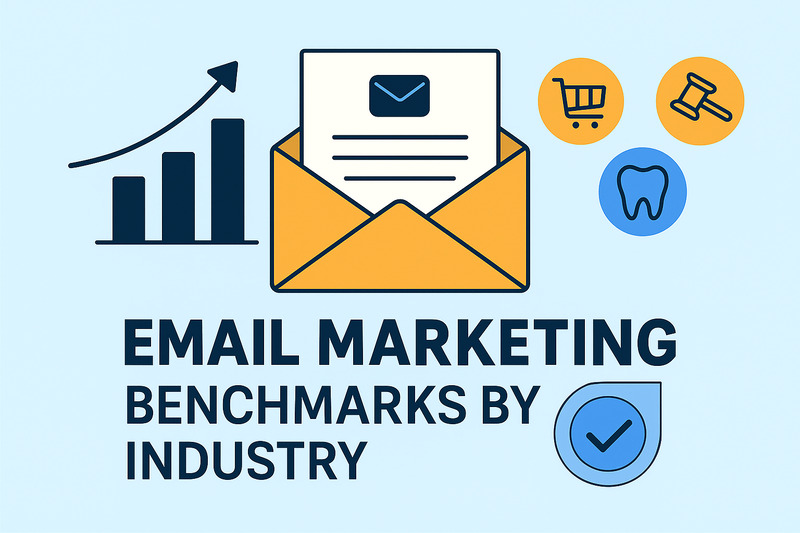 Graphic with an envelope and email icon, bar chart, and various industry icons, featuring the text "Email Marketing Benchmarks by Industry" to showcase key email marketing benchmarks across different industries.