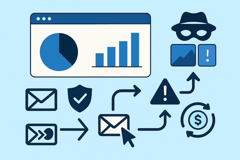 Illustration of cybersecurity concepts, including charts, emails, warning icons, a shield, a money symbol, and a masked figure—highlighting online security threats and data protection crucial for achieving good email performance and industry benchmarks.