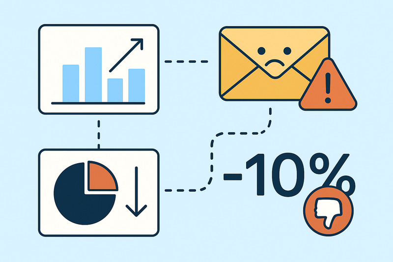 Illustration showing declining statistics and a sad face on an envelope, highlighting a 10% decrease in email marketing performance compared to industry benchmarks and negative feedback.