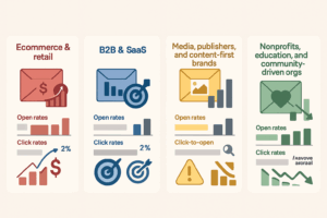 Infographic comparing email open and click rates across four sectors—Ecommerce, B2B & SaaS, Media, and Nonprofits—using icons, charts, and percentage data for key industry benchmarks in email marketing.