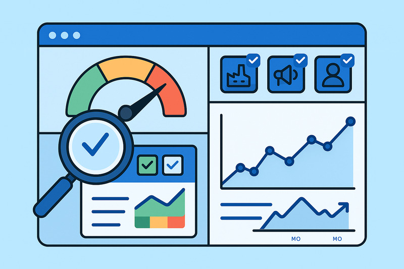 Illustration of a data analytics dashboard showing charts, graphs, a gauge meter, icons with check marks, and a magnifying glass highlighting a check mark—perfect for tracking industry benchmarks or email marketing performance.