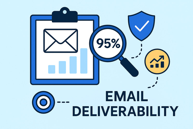 Illustration of a clipboard with an envelope icon, a bar graph, and a magnifying glass showing 95%—depicting how to measure email deliverability with the words "Email Deliverability.