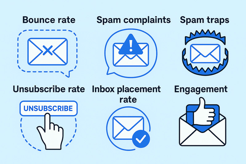 Six icons represent key metrics to measure email deliverability: bounce rate, spam complaints, spam traps, unsubscribe rate, inbox placement rate, and engagement—each illustrated with a relevant graphic.