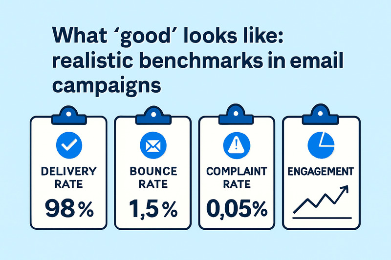 Infográfico que mostra os benchmarks ideais para campanhas de e-mail: 98% de taxa de entrega, 1,5% de taxa de rejeição, 0,05% de taxa de reclamação e uma tendência de aumento no engajamento para ajudar a melhorar a capacidade de entrega de e-mail e medir efetivamente a capacidade de entrega de e-mail.