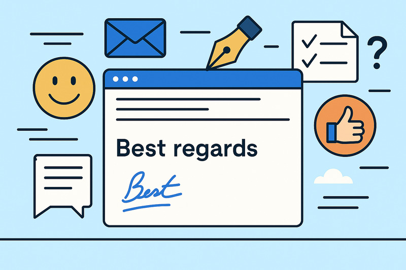 Illustration of a web page displaying the phrase "Best regards" with a signature, surrounded by icons like a smiley face, envelope, check marks, and thumbs up—perfect for showing how to end an email professionally.