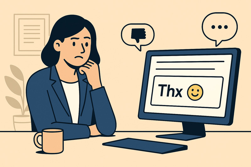 A person sits at a desk looking thoughtful, facing a computer screen displaying "Thx" and a smiley face, wondering how to end an email professionally, with speech bubbles showing a thumbs down and ellipsis.