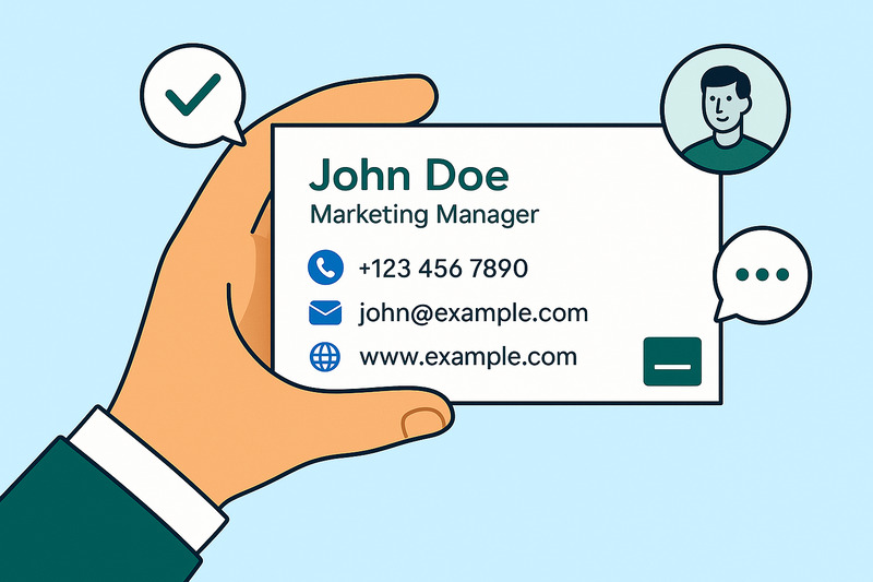 Illustration of a hand holding a business card displaying John Doe's contact details and marketing manager title, with communication icons in the background—perfect for showcasing how to end an email professionally or use a professional email closing.