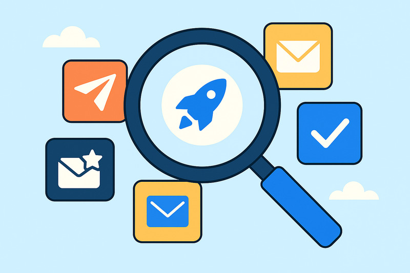 A magnifying glass over a rocket icon, surrounded by envelopes, a paper airplane, and check marks on a light blue background—perfect for showcasing Instantly competitors or exploring top Instantly alternatives.