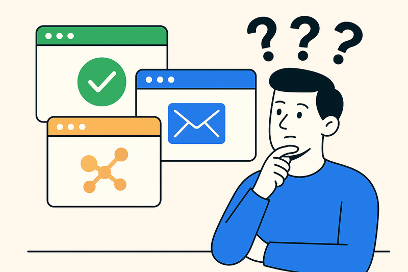 Illustration of a person thinking with three computer windows showing different icons and three question marks above their head, exploring Instantly competitors and alternatives.