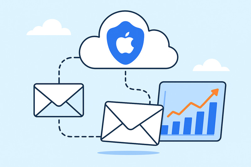 Illustration of cloud with Apple logo connected to envelopes and a rising bar chart, representing email privacy and data analytics for marketers.