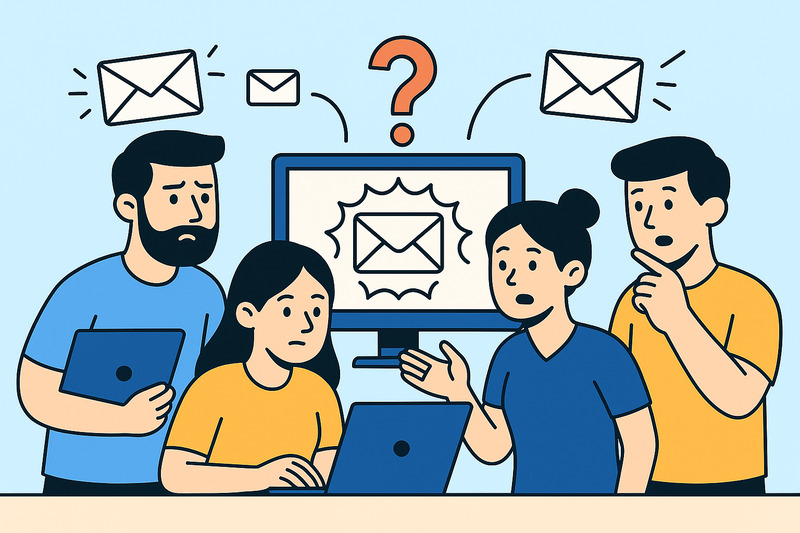 Four people gather around a laptop with worried expressions, surrounded by email icons and a question mark on the screen, struggling with Shared Mailbox issues and Email Management challenges.