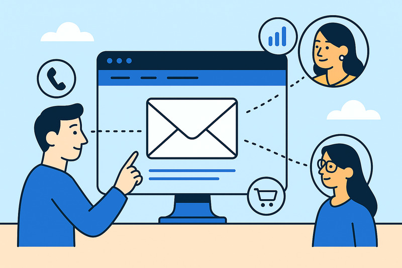 Ilustración de un hombre apuntando a una pantalla de ordenador en la que aparece el icono de un sobre, con dos mujeres conectadas por líneas de puntos, que representa la gestión del correo electrónico y la comunicación digital.