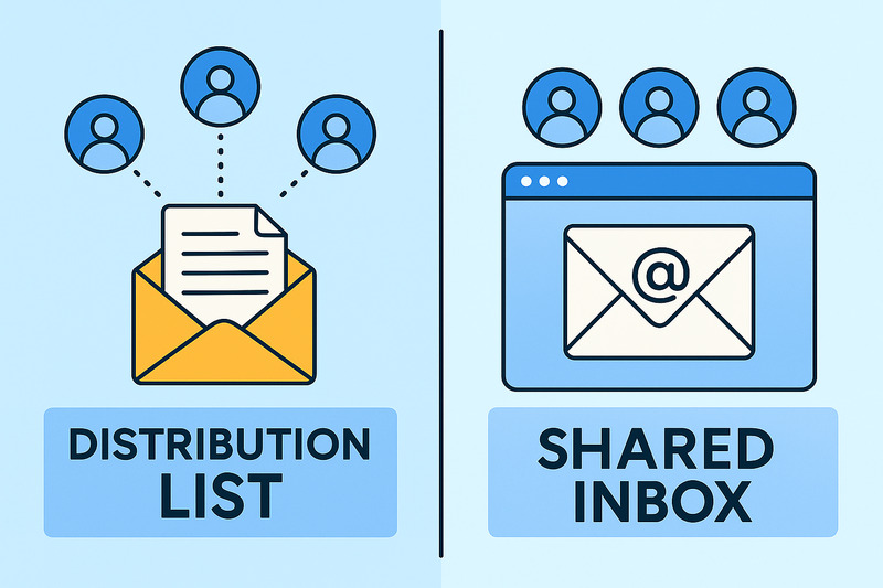 Comparación en paralelo de una Lista de Distribución con una carta y personas conectadas, y un Buzón Compartido para una gestión racionalizada del correo electrónico con un icono de correo electrónico y varios usuarios.