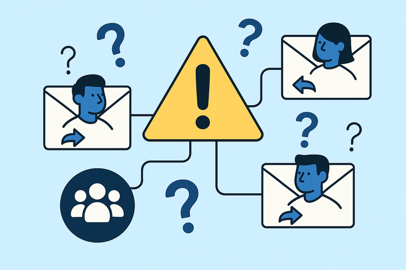 Ilustración que muestra una señal de advertencia conectada a tres iconos de correo electrónico con personas y signos de interrogación, indicando confusión o un problema en la comunicación a través de un Buzón Compartido o Lista de Distribución.